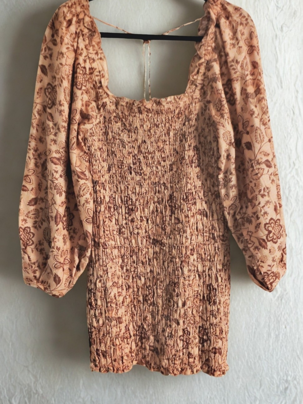 Free People Smocked Floral Puff-Sleeve Mini Dress - Peach